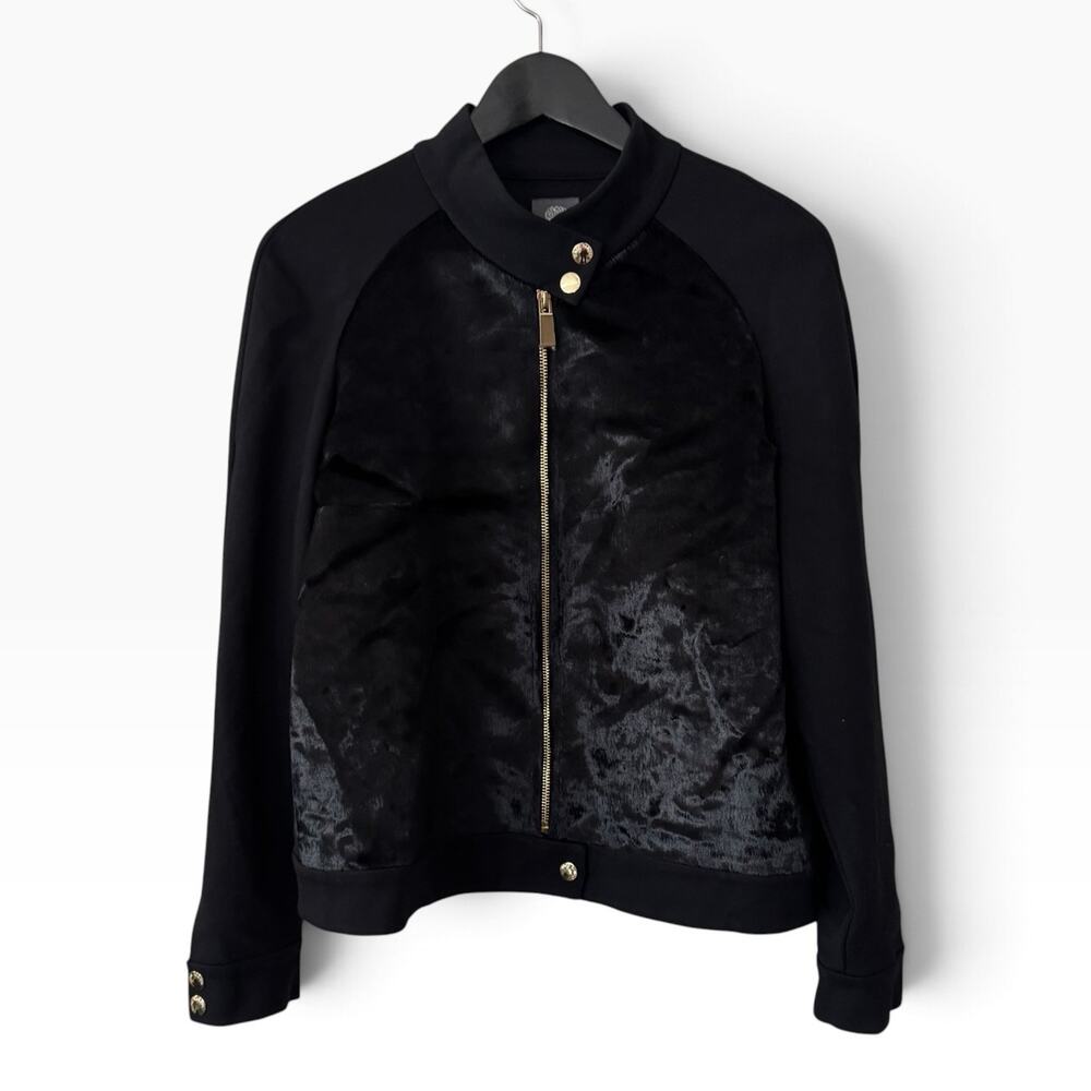 Vince Camuto Womens S Black Faux Fur Moto Jacket Gold Hardware Zip Front